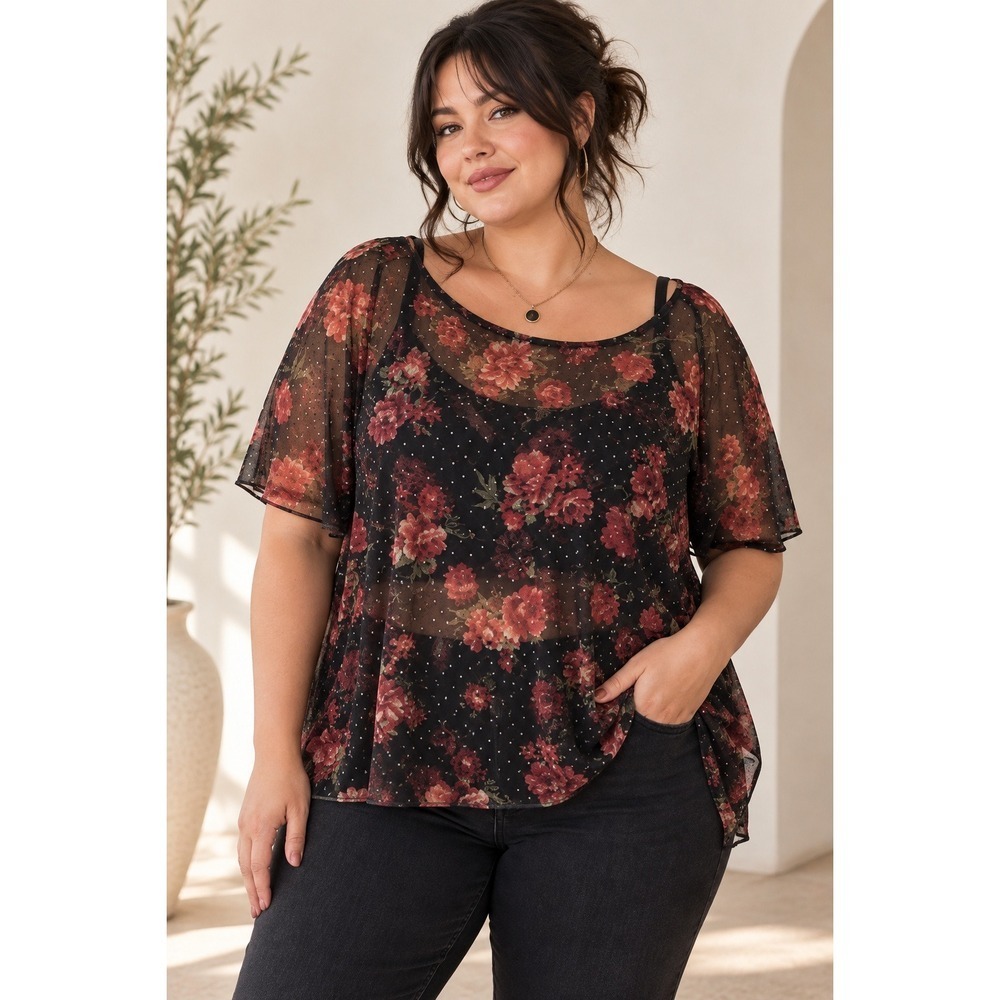 Plus Size 2X Black Sheer Mesh Floral Top Romantic Grunge Whimsigoth Blouse